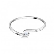 Ring made of white 14K gold - round clear diamond between curved shoulders
