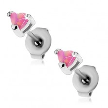 Earrings made of 316L steel, pink heart of synthetic opal, 3 mm