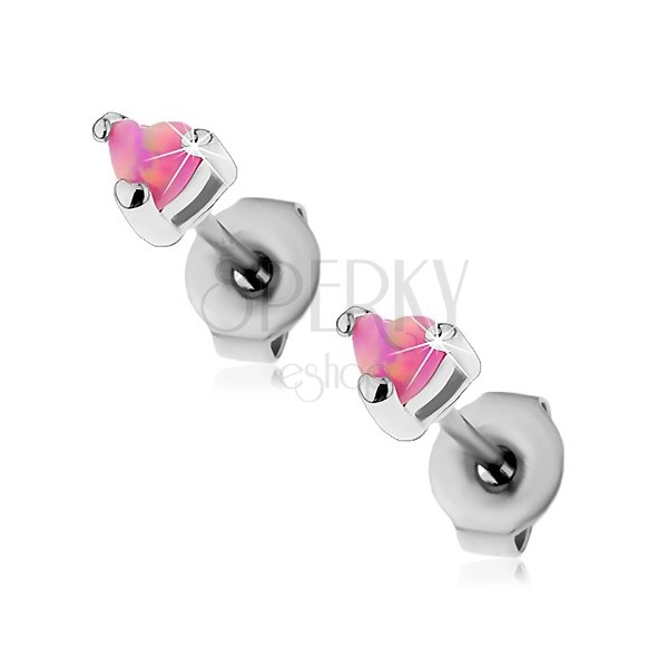 Earrings made of 316L steel, pink heart of synthetic opal, 3 mm