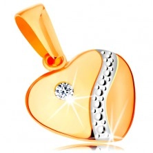 14K gold pendant - symmetric protruding heart with zircon and wave of white gold