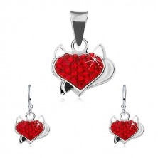 Set of earrings and pendant made of 925 silver, red zircon heart, horns and black tail