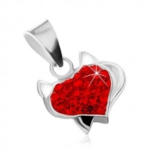 Set of earrings and pendant made of 925 silver, red zircon heart, horns and black tail