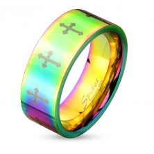Band made of surgical steel in rainbow hues, shiny surface, crosses, 8 mm