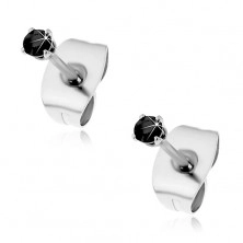 Earrings made of 316L steel, silver colour, round zircon in black colour, 2 mm