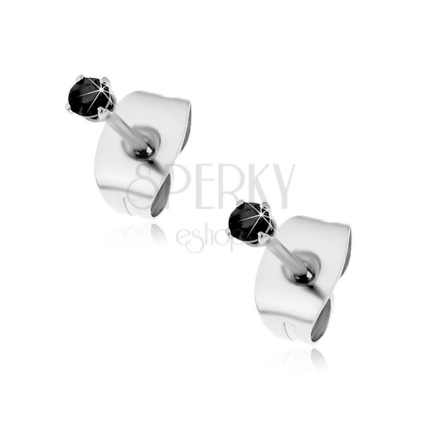 Earrings made of 316L steel, silver colour, round zircon in black colour, 2 mm