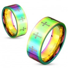 Coloured steel ring with shiny surface and crosses in silver colour, 6 mm