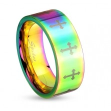 Coloured steel ring with shiny surface and crosses in silver colour, 6 mm