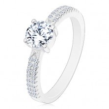 925 silver ring, round zircon in clear colour in mount, zircons on shoulders