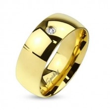 Band made of 316L steel in gold colour, clear zircon, shiny smooth surface, 8 mm