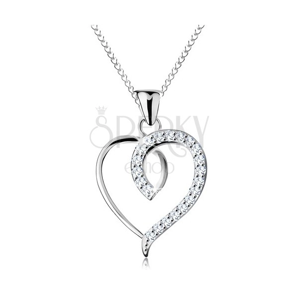 925 silver necklace, asymmetric heart contour with sparkly half