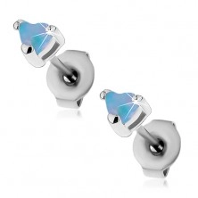 Earrings made of surgical steel - synthetic opal heart in blue colour, 3 mm
