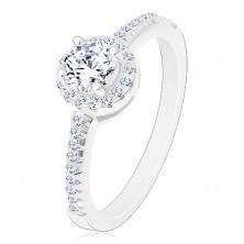 Engagement ring - 925 silver, sparkly round zircon in clear colour in glossy circle