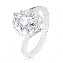 Ring with shiny shoulders in silver colour, cut grain zircon, clear border