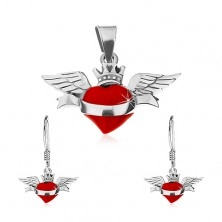 Set of earrings and pendant made of 925 silver, red winged heart, ribbon, crown