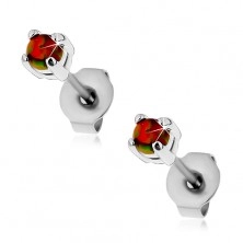 Steel earrings, orange synthetic opal, coloured reflections, studs, 3 mm