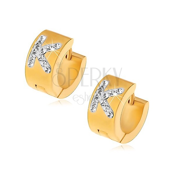 Steel earrings with hinged snap fastening, gold hue, clear zircon letter K