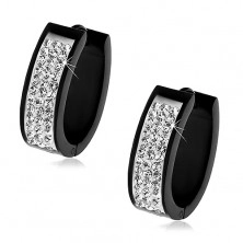 Black oval earrings made of 316L steel, strip of glossy clear zircons