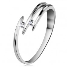 Brilliant ring made of white 14K gold - two glossy clear diamonds, thin lines of shoulders