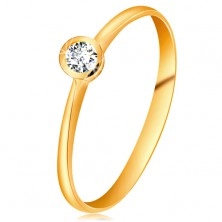 Ring made of yellow 14K gold - glistening clear brilliant in shiny mount, narrowed shoulders