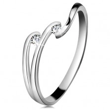 Diamond ring made of white 14K gold - two glistening clear brilliants, shiny lines of shoulders