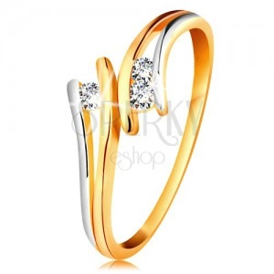 Diamond 585 gold ring, three sparkly clear brilliants, split bicoloured shoulders