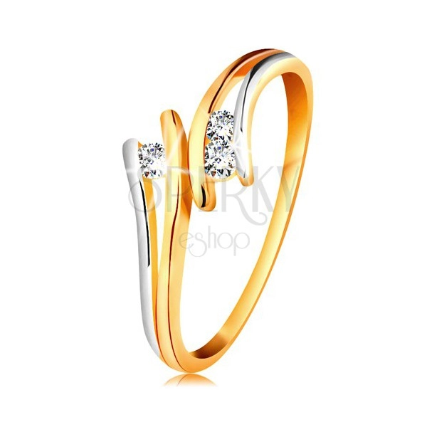 Diamond 585 gold ring, three sparkly clear brilliants, split bicoloured shoulders