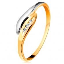 585 gold diamond ring - bicoloured bent leaves, three clear brilliants