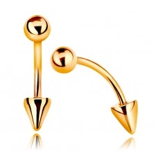 9K gold piercing - shiny bent barbell with ball and cone