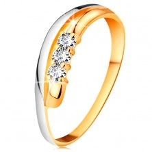 Brilliant ring made of 14K gold, waved bicoloured lines of shoulders, three clear diamonds