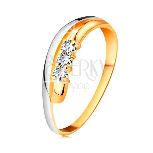 Brilliant ring made of 14K gold, waved bicoloured lines of shoulders, three clear diamonds