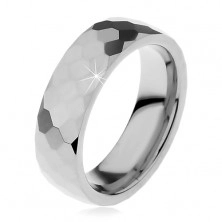 Tungsten band in silver colour, cut shiny hexagons, 6 mm