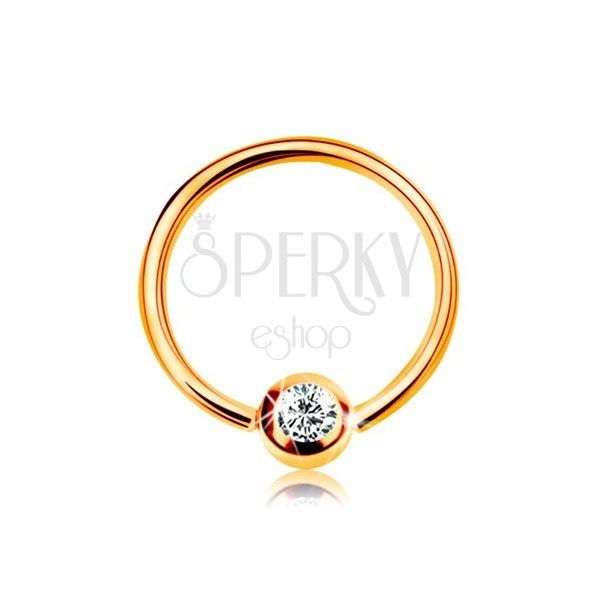 9K gold piercing - shiny circle and ball with embedded zircon in clear colour, 8 mm