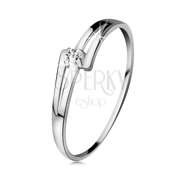 Brilliant ring made of white 14K gold - split shiny shoulders, clear diamond