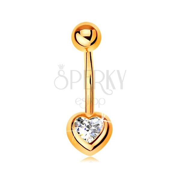 Bellybutton piercing made of yellow 9K gold - banana with ball, clear zircon heart