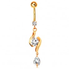 375 gold bellybutton piercing - two shiny waves with zircon in the middle and teardrop