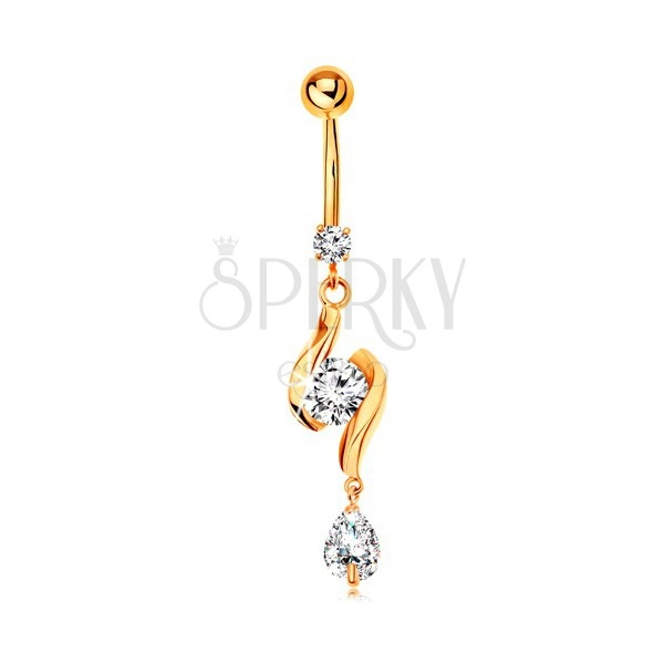 375 gold bellybutton piercing - two shiny waves with zircon in the middle and teardrop