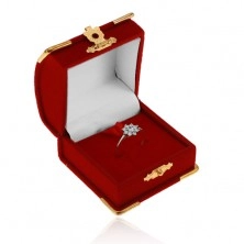 Red velvet box for ring, pendant or earrings, details in gold colour