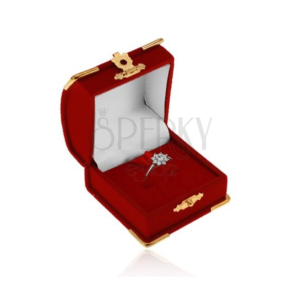 Red velvet box for ring, pendant or earrings, details in gold colour