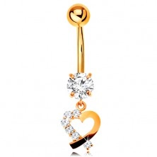 9K gold bellybutton piercing - heart contour with clear zircon half