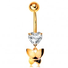 375 gold bellybutton piercing - clear cut heart, dangling shiny butterfly