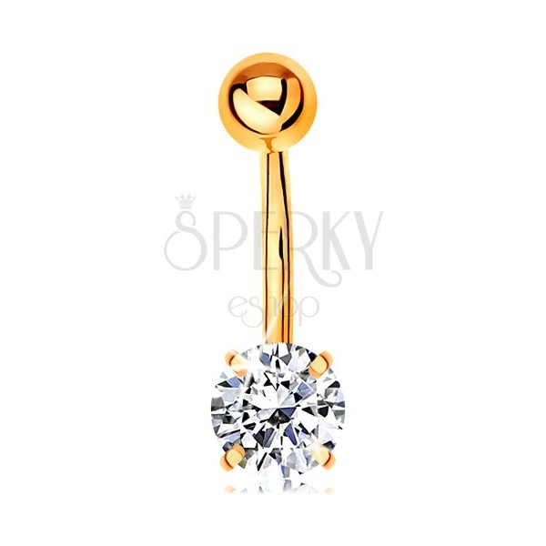 Bellybutton piercing made of yellow 9K gold - banana with ball and clear zircon