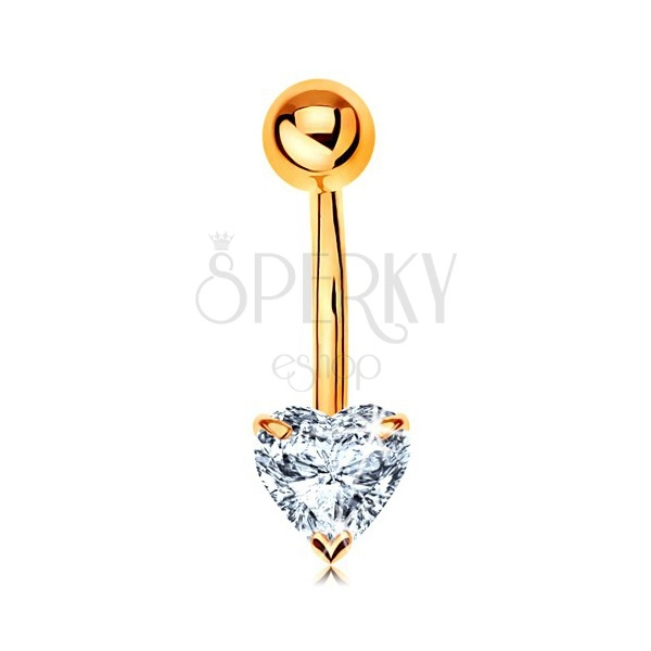 Piercing for belly made of yellow 9K gold - banana with ball and clear zircon heart