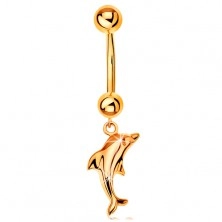 375 gold bellybutton piercing - banana with two balls and dangling shiny dolphin