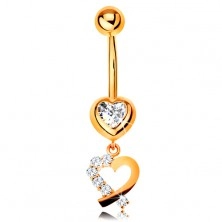 9K gold piercing for belly - zircon heart, heart contour with sparkly half