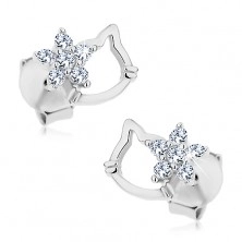 925 silver earrings, contour of cat's head and clear zircon flower