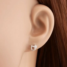 925 silver earrings, contour of cat's head and clear zircon flower