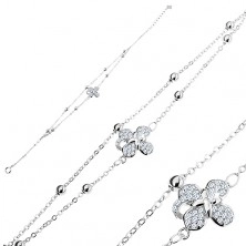 925 silver bracelet, two chains with balls, four-leaf clover with zircons