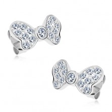 925 silver earrings, bow with glossy clear zircons, stud fastening