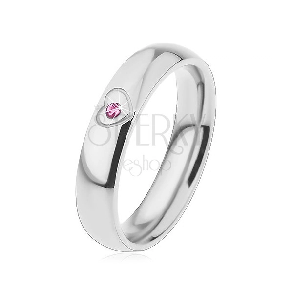 Children's ring made of surgical steel in silver colour, heart contour, pink zircon