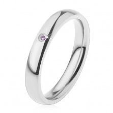 Ring for children, 316L steel in silver colour, light violet zircon, rounded shoulders